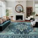 Area Rugs 8'x10' Washable Non-Slip, Floral Vintage Distress Print Pattern Medallion Carpet for Living Room Bedroom Dining Room, Teal Green Lake Blue Turquoise