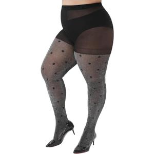 WiliW Polka Dot Plus Size Tights for Women Shimmer Patterned High Waist Tights 40D Shiny Sheer Black Pantyhose (3X-Large-4X-Large Plus)