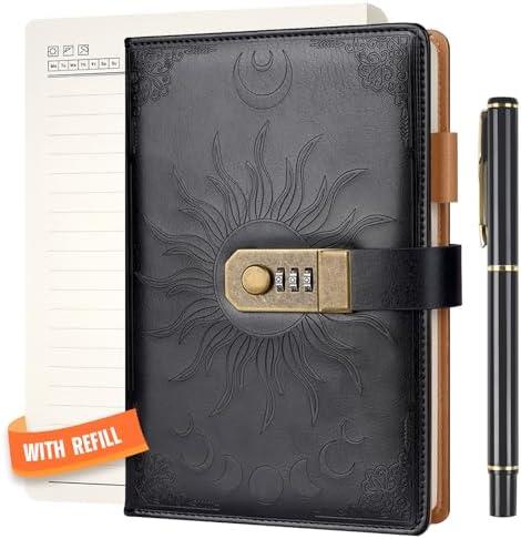Nicpro A5 Journal with Lock, 300Gsm, 300+300 Page Diary with Lock, Password Notebook Set with Pen & Notebook Refill - Perfect for Men and Women Writing Noting- 8.5 x 5.9 inch Black Leather Hardcover