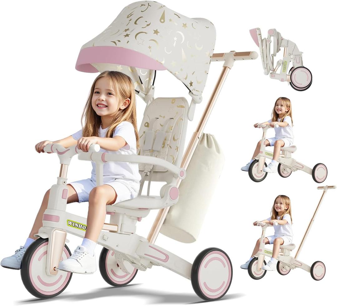 WinHope 9-in-1 Foldable Kids Tricycle with Push Handle and Canopy(Pink), 19.7 inches x 28.7 inches x 37.8 inches