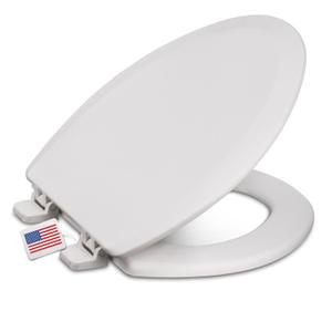 Centoco Elongated Toilet Seat, Heavy-Duty Wood Core with Plastic Scratch-Resistant Finish, Residential, Closed Front with Cover, Made in the USA, DSAMAZ9-001, White