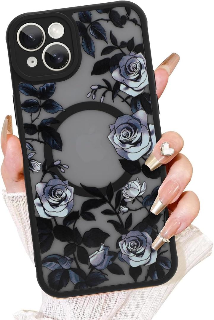 AIGOMARA for iPhone 15 Plus Case, Compatible with MagSafe, Cute Rose Flower Pattern with Semi-Transparent Frosted Phone Case for Woman Gilrs Soft TPU and PC Back Protective Slim Phone Cover Black