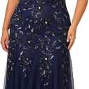 Adrianna Papell Women's Bead Long Dress with Godets, Light Navy, 14W (Blue)