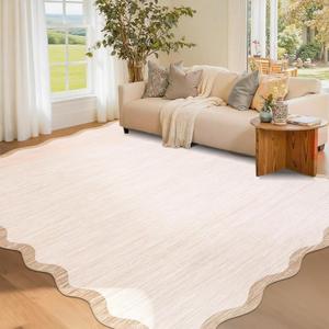 GarveeHome Scalloped Washable Rug 4x6, Beige Boho Living Room Area Rug, Bordered Non-Slip Farmhouse Bedroom Carpet Dorm Room Throw Rug, Low Pile Soft Accent Mat for Kitchen Entry Office 4'x6' Beige