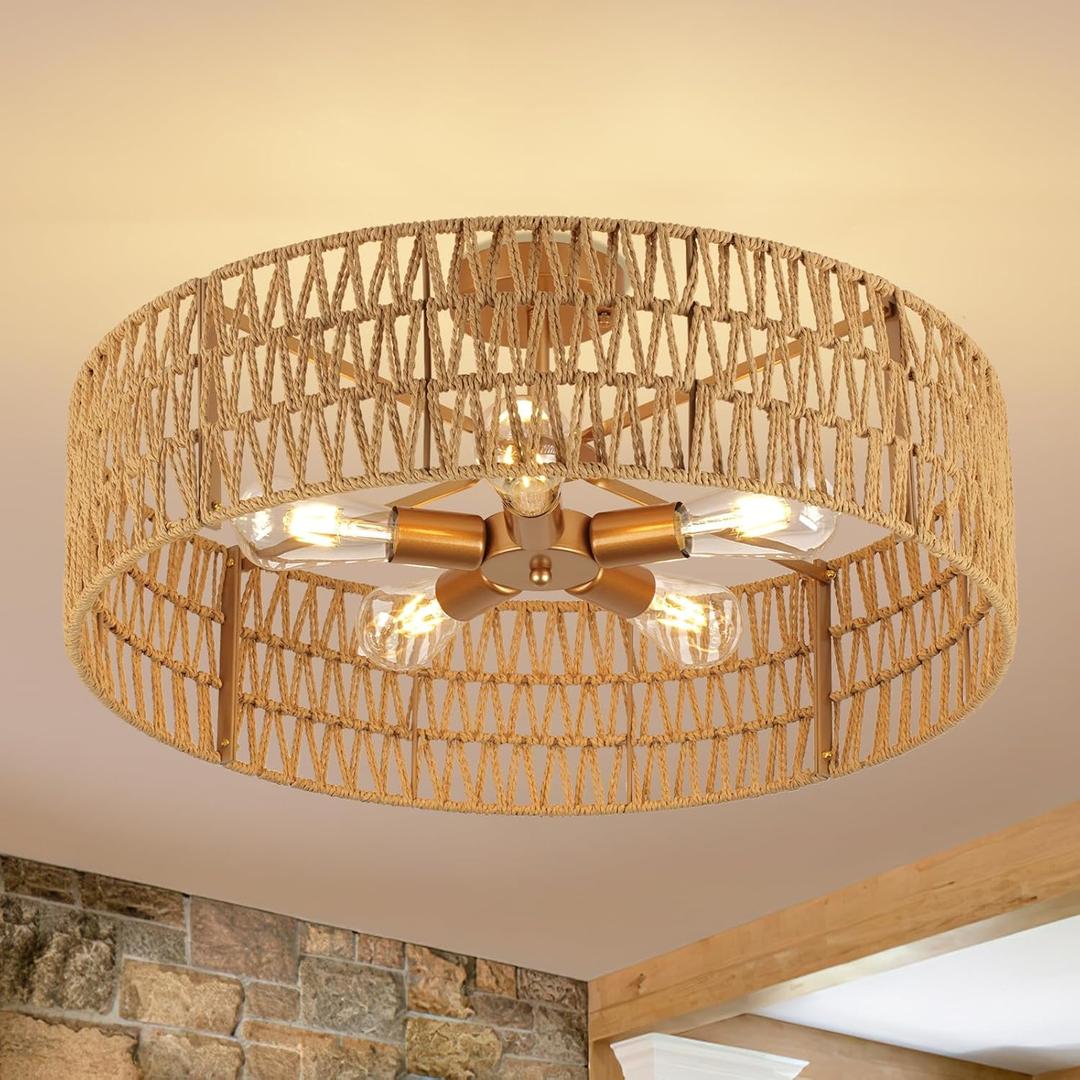 24 Boho Hand-Woven Rattan Wicker Ceiling Light, Large Semi Flush Mount Chandelier Fixture, Rustic Lighting for Living Room, Bedroom, Dining, Kitchen Island, Hallway, Entryway, Foyer