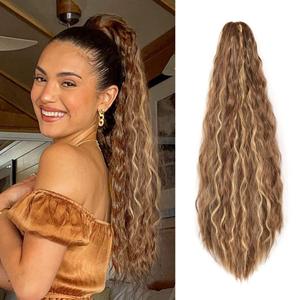 YEAME Wavy Ponytail Extension Claw Clip, 22 Inch Corn Wave Pony Tail Synthetic Brown Mixed Blonde Hair, Long Curly Jaw Ponytail Hair Extension for Women Girls (Brown Mixed Blonde)