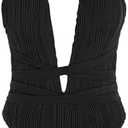 ZAFUL Women's One Piece Swimsuit Deep V Neck Ribbed Self Tie Sexy High Cut Bathing Suit Crisscross Back Swimwear, L