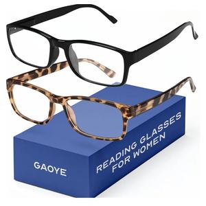 Gaoye +1.5 2-Pack of Reading Glasses for Women - Blue-Light Filter, UV Protection - Readers with Rectangle Frames