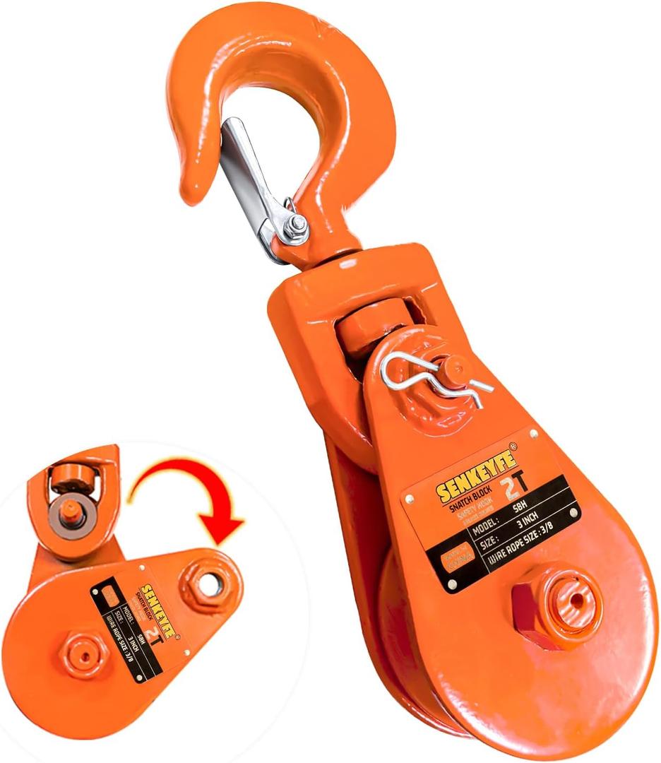 Snatch Block with Hook, 2 Ton WLL,Suitable for 3/8" Wire Ropes, Snatch Block Pulley for Rollback Wrecker, Car Hauler, Tow Truck Accessories, Winch Accessories