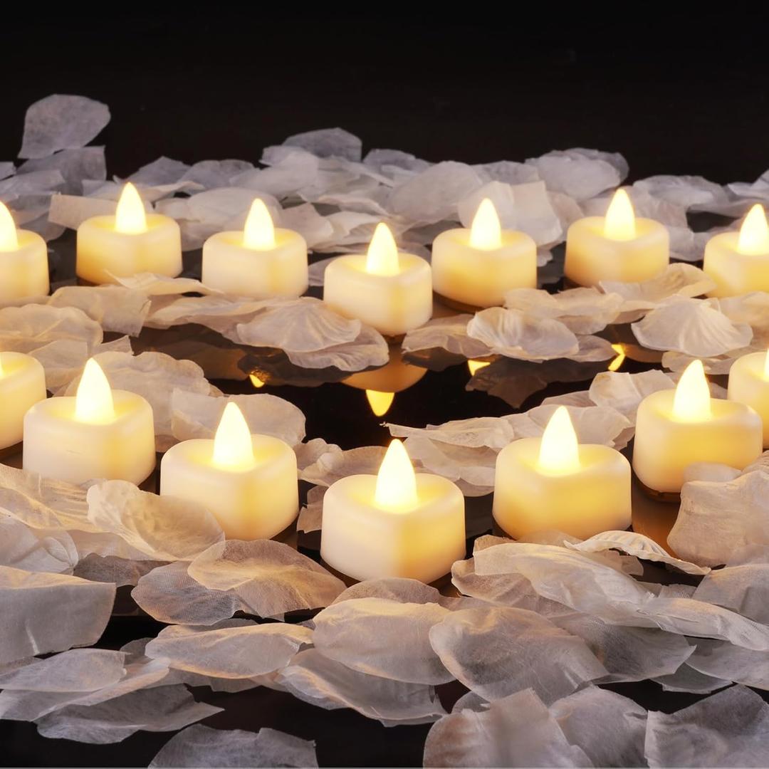 Homemory Rose Petals and Candles Set for Romantic Decorations Special Night, 2000 Pcs White Rose Petals with 24 Pcs LED Heart Candles Lights for Proposal, Anniversary, Birthday, Wedding Decor