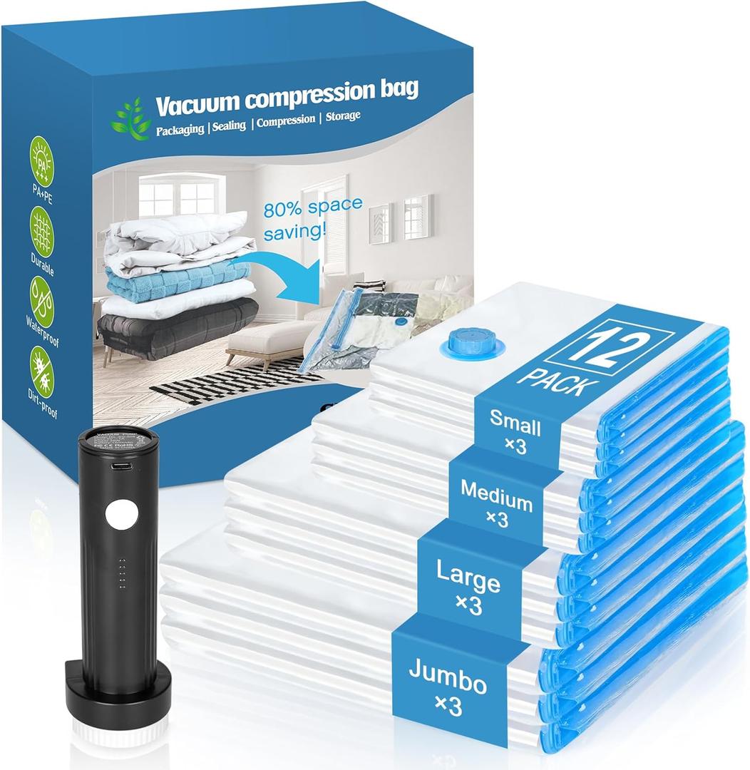 Vacuum Seal Bags for Clothing Travel with Rechargeable Air Pump, 12 Pack of 4 Carry-on Size Space Saver Vacuum Storage Bags, Compression Packing Bags for Luggage Suitcase for Closet Organization