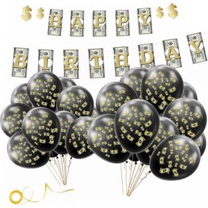 Money Themed Birthday Banner & Latex Balloons Decoration KIT Dollar Bill Party Decorations for Birthdays Baby Showers Casino Weddings Bachelorette Retirement Anniversary Graduations Party