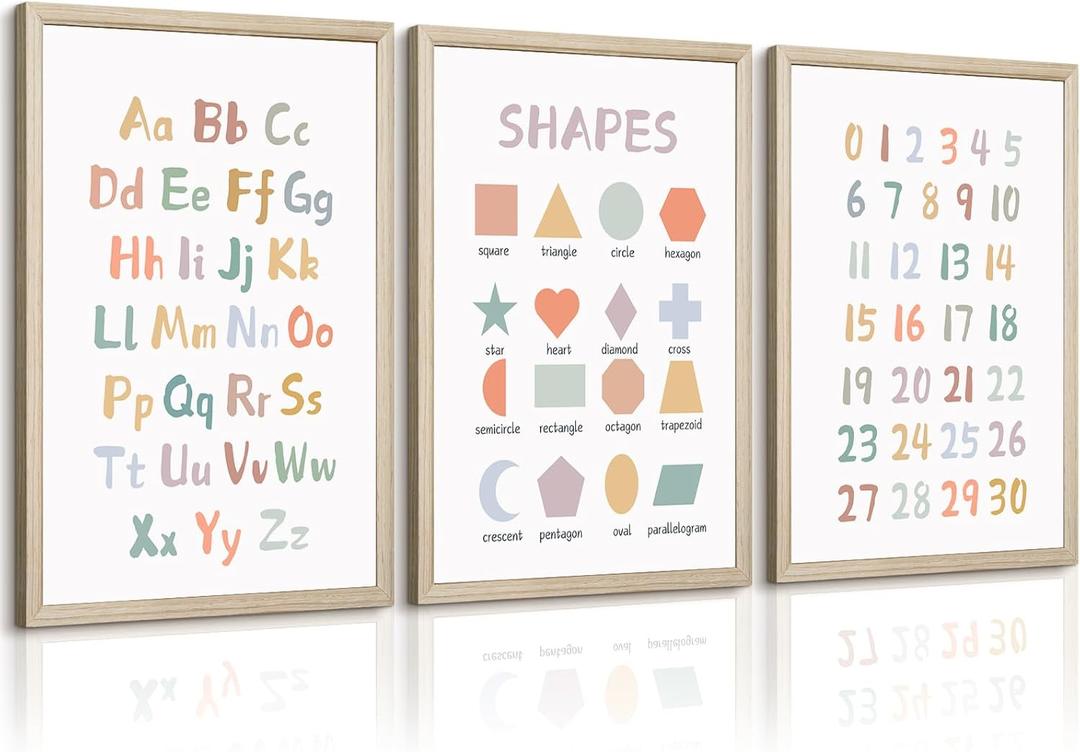 Kids Playroom Wall Art Decor Nursery ABC Alphabet Poster Play Room Canvas Wall Decor Toddler Childrens Educational Artwork Numbers Shapes Prints ABC Picture for Playroom 12x16 Inch Framed Set of 3