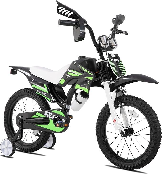KEANO Motocross Style Kids Bike for Boys Girls Ages 4-7 Years, 16 Inch Bikes with Training Wheels and Number Plate, Toddler Bike Children Bicycles Green