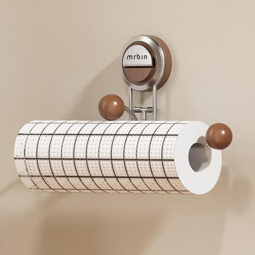 Kitchen Paper Towel Holder with Suction Cup, Stainless Steel and Wood Decor, no Drill Under Cabinet, Large Metal Tissue roll Holder Hanging Storage
