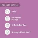 Amazon Aware Bamboo Paper Towels, 12 Rolls, 2 ply, FSC Certified, 150 Sheets, 1800 Count, Pack of 12, Plastic-Free, White