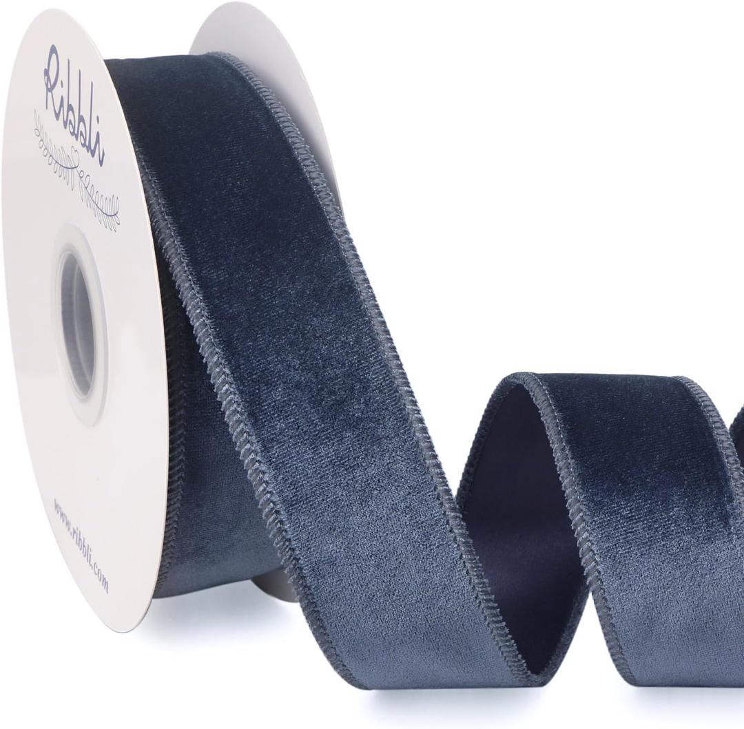 Ribbli Dusty Blue Velvet Wired Ribbon 1.5 Inch Velvet with Satin Christmas Ribbon for Gift Wrapping Christmas Tree Decoration Crafts Wreaths Supplies-Continuous 10 Yards