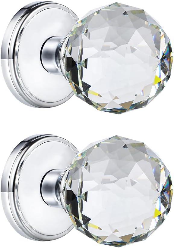 2 Pack Crystal Glass Dummy Door Knobs, Round Half-Dummy Door Knob for Hall Closet, Polished Chrome