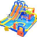 Inflatable Water 3 Slides Park with Blower, Inflatable Bounce House with Climbing Wall, Water Cannon, Dartboard, Flower Sprayer and Deep Pool