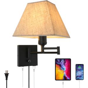 13" Modern Swing Arm Wall Lamp Plug in Wall Sconce with USB and Type-C Port Wall Mounted Lamp with Dimmable Switch Black Wall Sconce Beige Fabric Shade Suitable for Hallway Bedroom Living Room