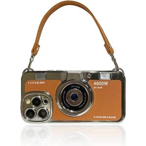 3D Vintage Camera Phone Case with Hand Strap - Unique Cool Silicone PC Shockproof Crossbody Protective Case for iPhone 13-Brown
