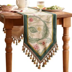 patdrea Designer Green Floral Table Runner,French Elegant Vibrant Rustic Linen with Green Leaves Patterns Fabric Table Mat,Decoration for Kitchen Dining Room Banquet Christmas,18"x87" (12"x87", Cecilia a Linen)