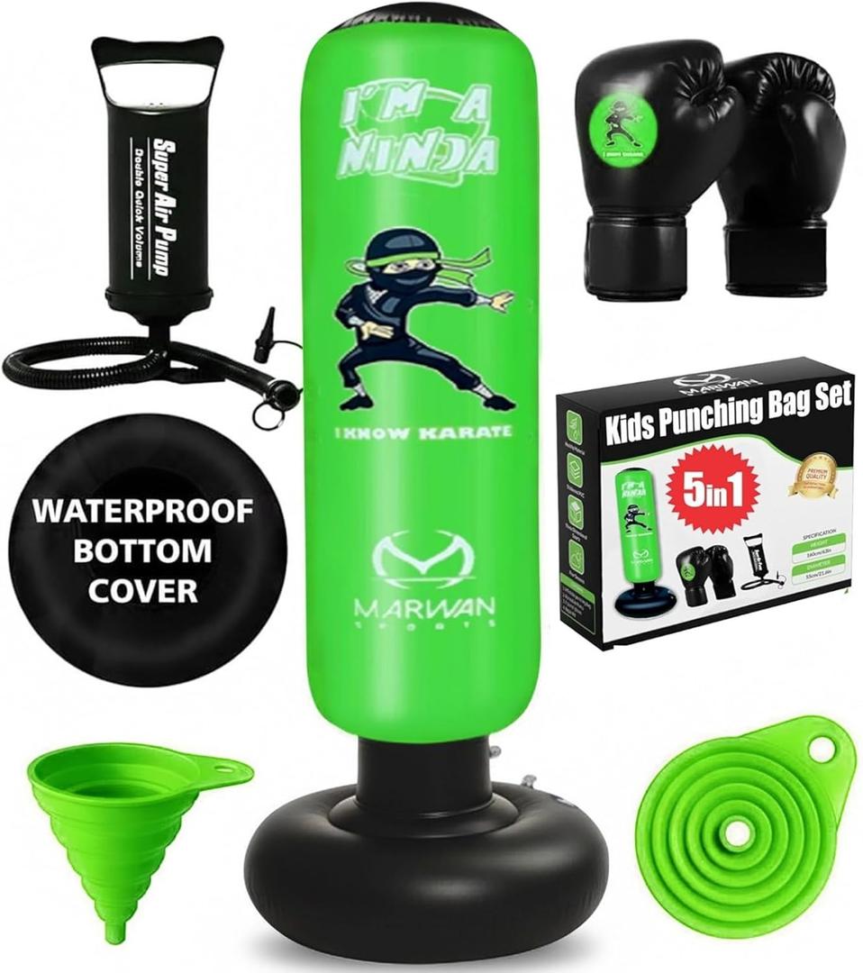 Marwan Sports 5-in-1 Inflatable Punching Bag for Kids  63" Karate Toy Set with Boxing Gloves, Durable Fast Rebound, Active Play, Stress Relief Christmas/Birthday Gift for Boys & Girls Ages 4-12