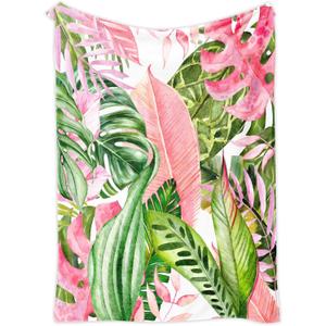 Pink and Green Tropical Palm Leaf Throw Blanket Monstera Leaves Jungle Plant Flannel Blankets for Couch Bed Living Room Sofa, Decorative Patterned Super Soft Cozy, 50x60 in