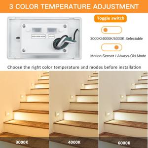 Raxjov 3 Pack Motion Sensor LED Step Lights, 3 Color Stepless Dimmable 120V Hardwired Stair Lights Indoor Outdoor, 3000K/4000K/6000K 3.5W 150LM IP65 Waterproof Staircase Lamp, Aluminum, ETL, White