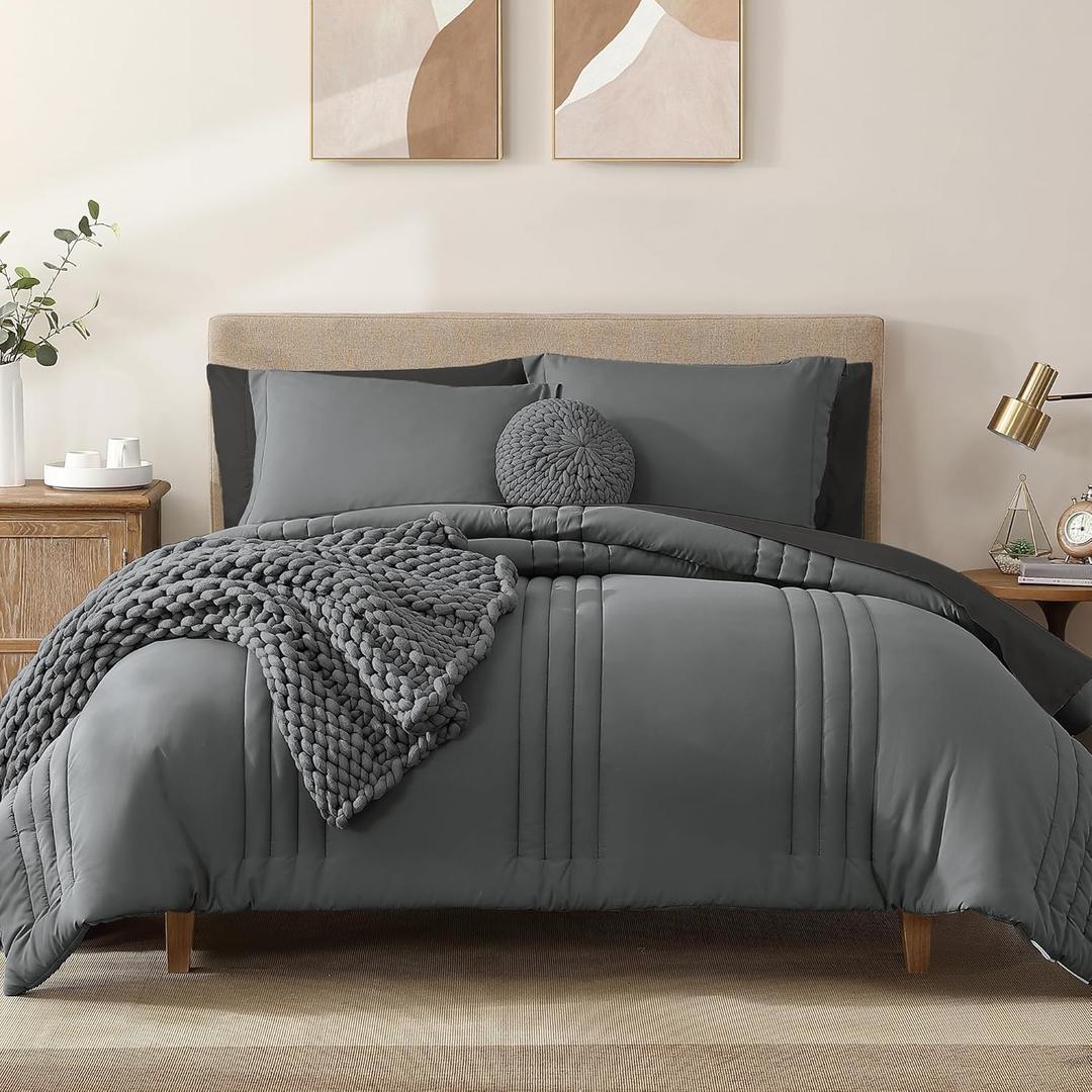 Monbix Queen Comforter Set - 7 Pieces Grey Bed in a Bag Queen Bedding Sets with Comforters, All Seasons Down Alternative Comforter Bed Set with Sheets,Pillowcases & Shams