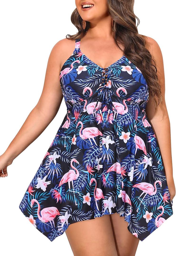 NIeyook Womens Plus Size Tankini Swimsuit 2025 Two Piece Tummy Control Bathing Suits for Women Swim Dress with Shorts (Black Flamingo)