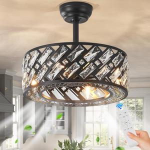 Black Caged Crystal Ceiling Fan with Light 18" Modern Bladeless Ceiling Fan with Remote Control, 6 Speed Fandelier with Reversible Motor for Bedroom Dining Room Kitchen