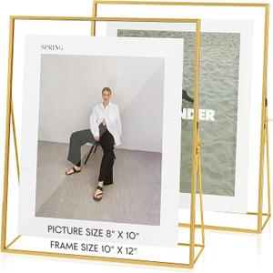 Gold Floating Picture Frame Set of 2, 10"x12" Glass Pressed Flower Picture Frames, Tabletop Standing Glass Floating Frame for 8x10 Photo Display