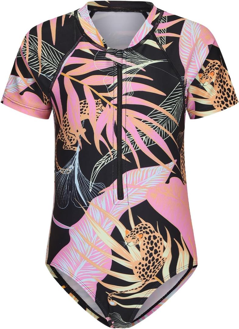 Big Girls One Piece Swimsuits Short Sleeve Rash Guard for Girl Hawaiian Bathing Suit with Sun Protection Beachwear Black Jungle Wild Size 10/8-10 Years