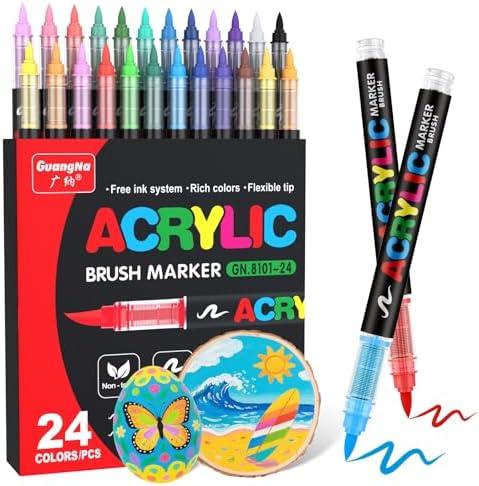 Guangna Acrylic Paint Markers Brush Tip, 22 Vivid Colors with Direct-Liquid Ink Control System, Professional-Grade Paint Pen for Rock Painting, Canvas, Glass, Plastic, Fabric, Eggs