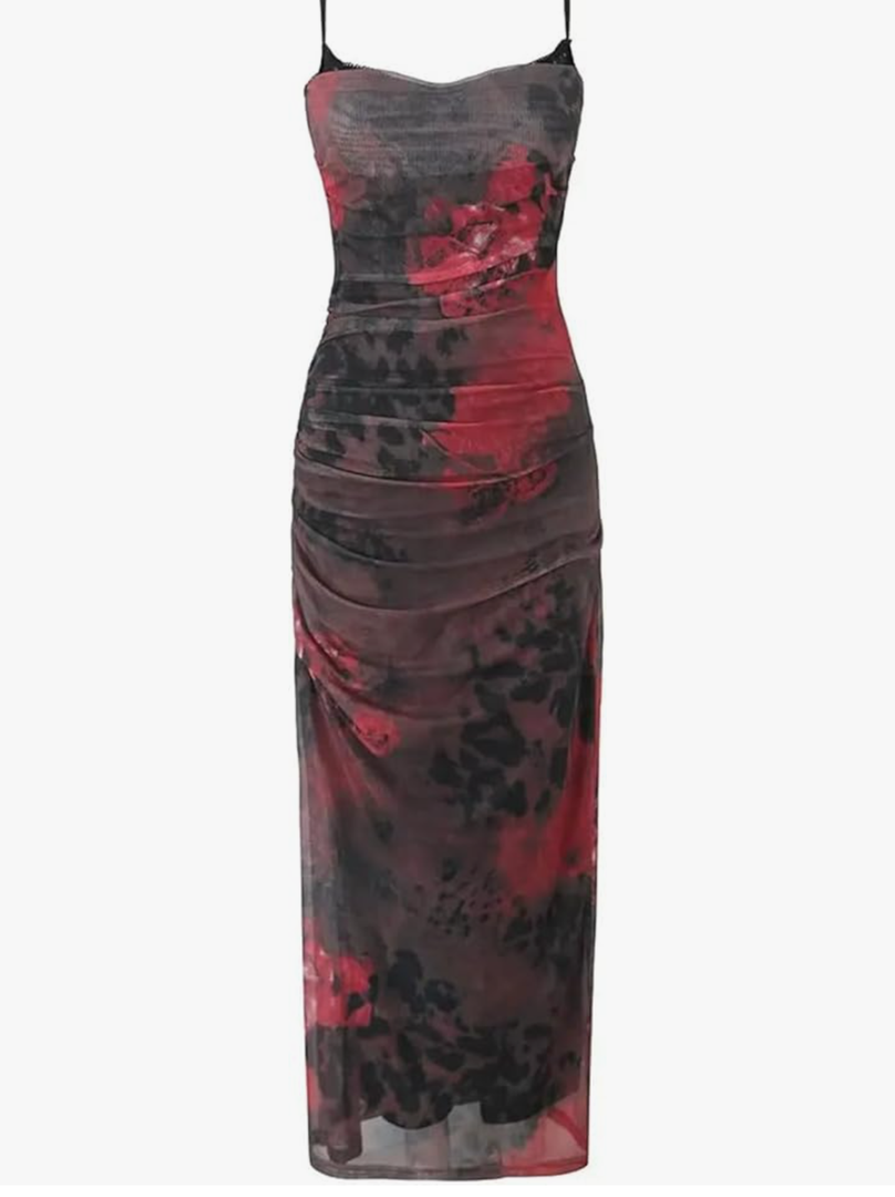 Women's Vintage Floral Print Pleated Fitted Suspender Dress Sleeveless Backpack Hip Dress, L
