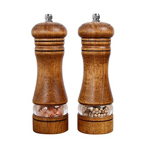 Haomacro Wood Salt and Pepper Grinder Mills Set, Classic Manual Pepper Grinder Salt Grinder Refillable Pepper Mill Sets with Acrylic Visible Window Adjustable Ceramic Grinding Rotor 6.5inch 2 Pack
