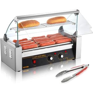 VEVOR Hot Dog Roller 5 Rollers 12 Hot Dogs Capacity, 750W Stainless Sausage Grill Cooker Machine with Dual Temp Control Glass Hood Acrylic Cover Bun Warmer Shelf Removable Oil Drip Tray ETL Certified
