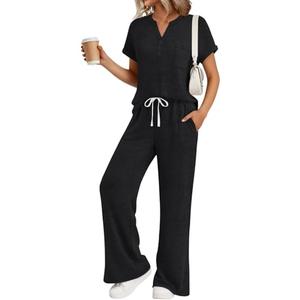 Trendy Queen 2 Piece Lounge Sets for Women Summer 2026 Fashion Pajamas Sets Two Piece Sweatsuit Pjs Loungewear Matching Airport Vacation Travel Outfits Clothes Black XL