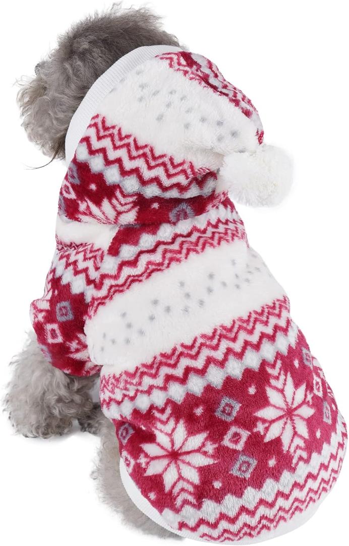 Mogoko Dog Cat Christmas Fleece Jacket with Hood, Pet Warm Sweater Coat for Xmas/Winter Cold Weather(L Size) (12.5"Neck Girth, 16.1"Chest)