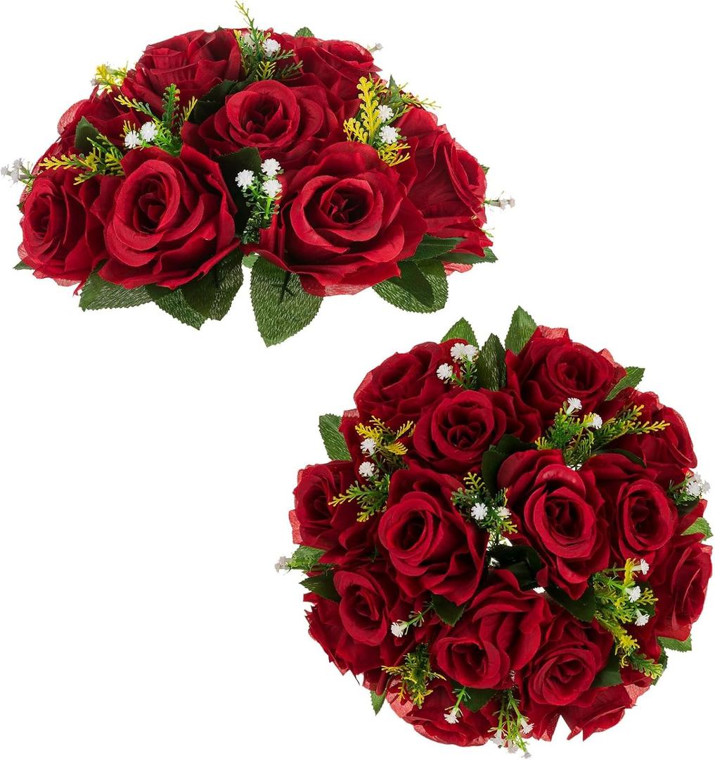 BLOSMON Flower Balls Wedding Rose Centerpieces: 2 Pcs Crimson Red Fake Flowers Kissing Balls Decor - Artificial Silk Roses Floral Arrangement Home Party Table DIY Decorations