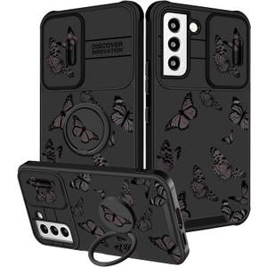 (2in1 for Samsung Galaxy S22 Case for Girls Women Cute Butterfly Cover Girly Aesthetic Black Pretty Fashion Design with Camera Cover and Ring Stand Funda for Galaxy S22 Phone Cases
