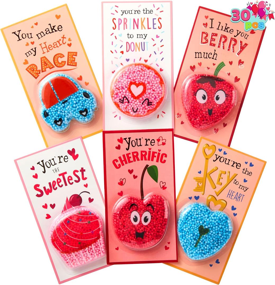 JOYIN 30 PCS Valentine's Day Gift Cards with Play Modeling Squashy Bead Foam, Fun Modeling Foam Toy for Valentine Party Favor, School Classroom Gift Exchange Prizes
