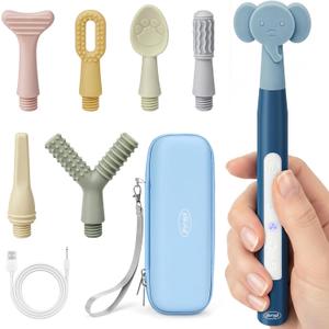 Joyreal Rechargeable SensoryBuzz Oral Motor Vibration Kit with 7 Textured Silicone Heads - 4 Modes Vibrating Teether Autism Sensory Products for Speech Therapy, Stimulate Self Feeding, Sensory Needs