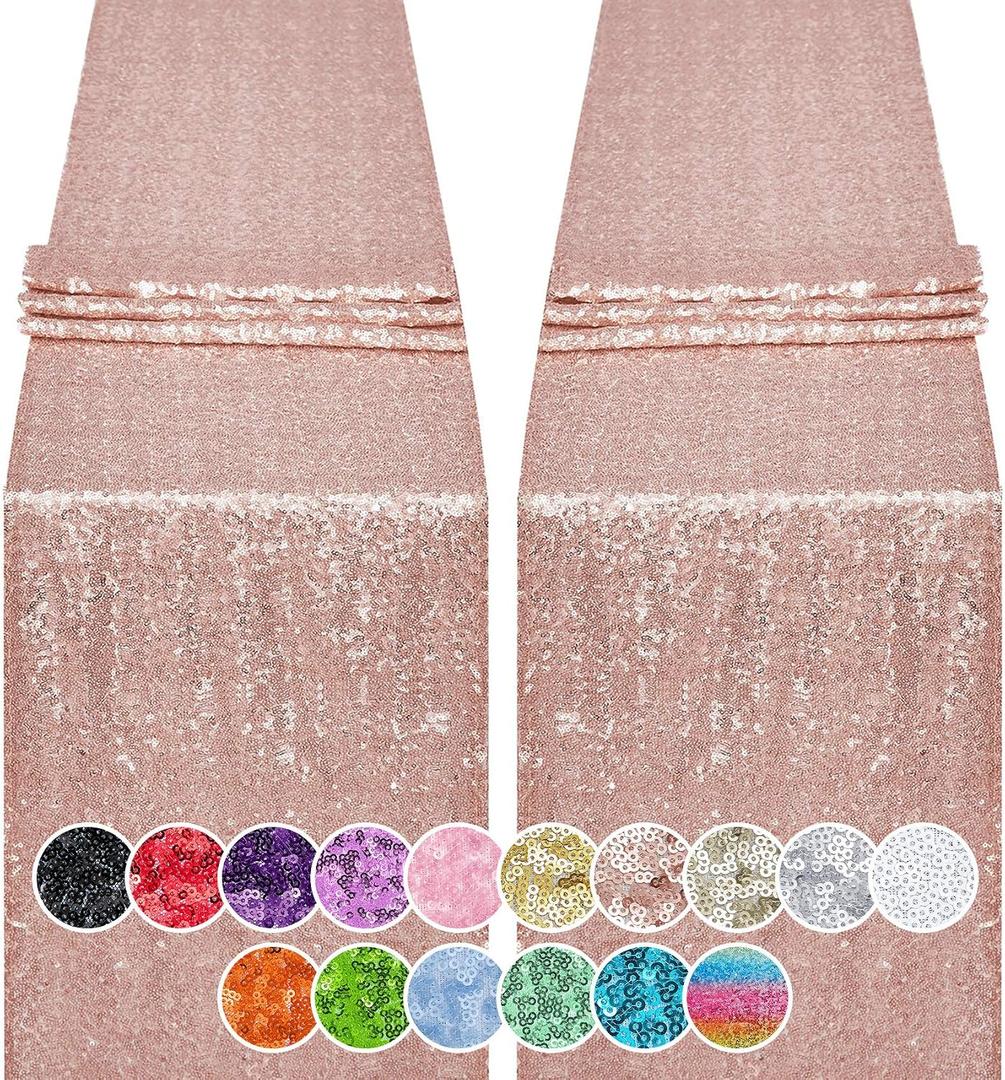 2PCS 12x72 Inch Sequin Table Runner Rose Gold Glitter Table Runner for Party, Wedding, Bridal Baby Shower, Event Decorations2PCS, 12x72 Inch, Rose Gold