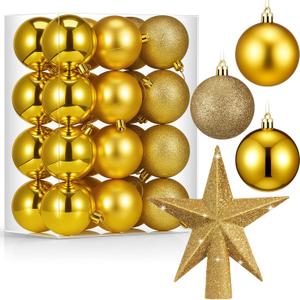 25 Pcs Mini Christmas Balls Ornaments Set 2.36 Inch Christmas Day Ball Topper Star Tree Hanging Ornaments for Party Decoration(Gold)