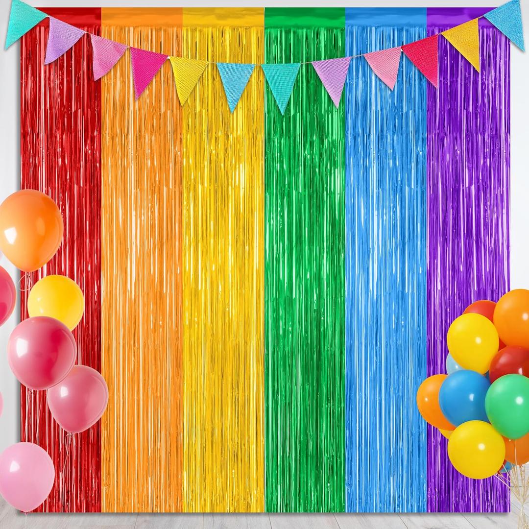 2 Pack Rainbow Backdrop Curtains, 3.28 FT x 7.05 FT Colofull Party Decorations, Metallic Tinsel Backdrop Fringe Curtains Party Streamer, Rainbow Party Supplies for Wedding Birthday Party Engagement