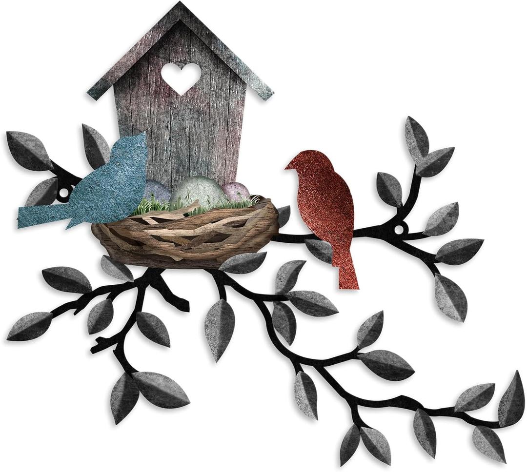 Birds Wall Metal Decor Outdoor Art Hanging Metal Tree with Birdhouse for Living Room Tree Leaf Wall Decor for Indoor Outside Garden, 10.6 x 12 Inches (Dark Grey)