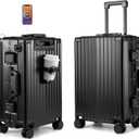 MYER Hard Case 24 Inch Checked Luggage with Spinner Wheels,Aluminum Luggage with 100% 3-Layer PC,Hard Shell Suitcases with Wheels,Cup Holder and USB Port (Classic Black, 24 inch)
