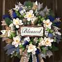 Waipfaru Magnolia Wreaths for Front Door, 22 Inch Spring Summer Wreath with Eucalyptus & Blue Grey Burlap Bow, Year Round Wreaths for Porch Farmhouse Patio Door Decor All Season (2 Pcs)